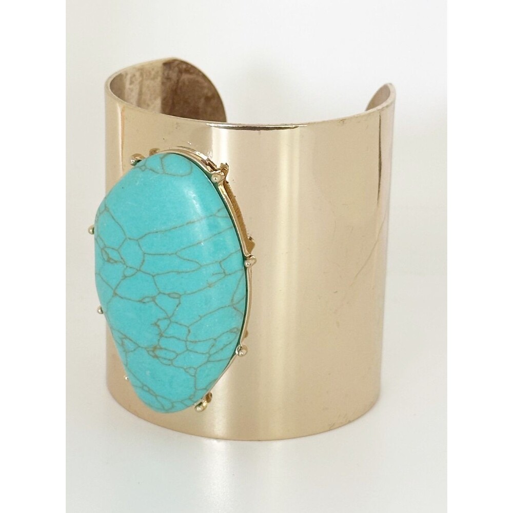 Wide Cuff Bracelet Turquoise Simulated Stone Gold Tone Bangle Boho Bohemian